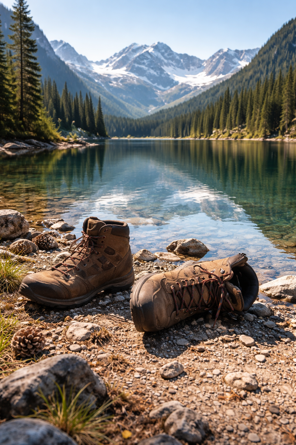 Mountain lake with hiking boots